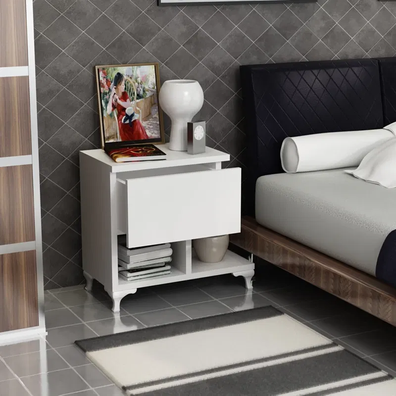 Noptiera Cast, alba, 47 x 47 cm, cu raft si sertar, stil minimalist [0]