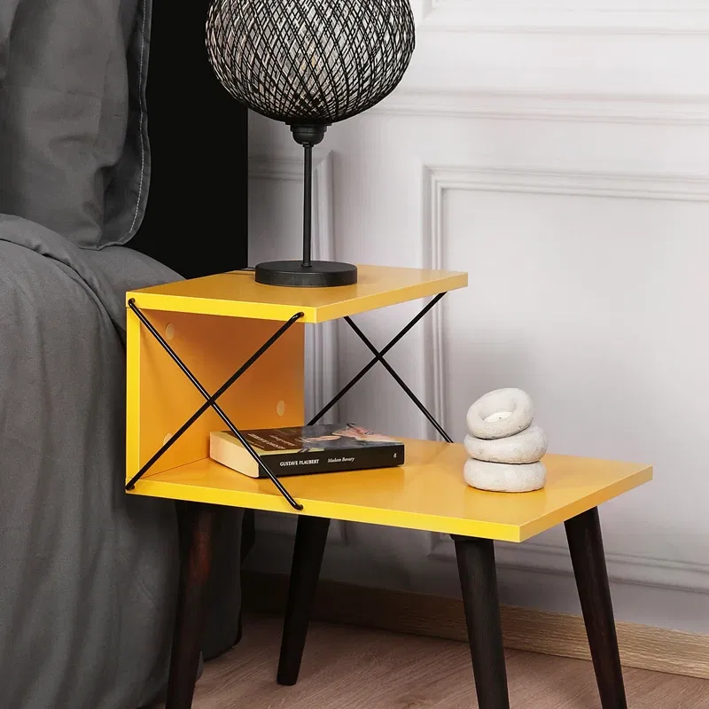 Noptiera Cross galbena cu rafturi deschise si picioare din lemn [1]