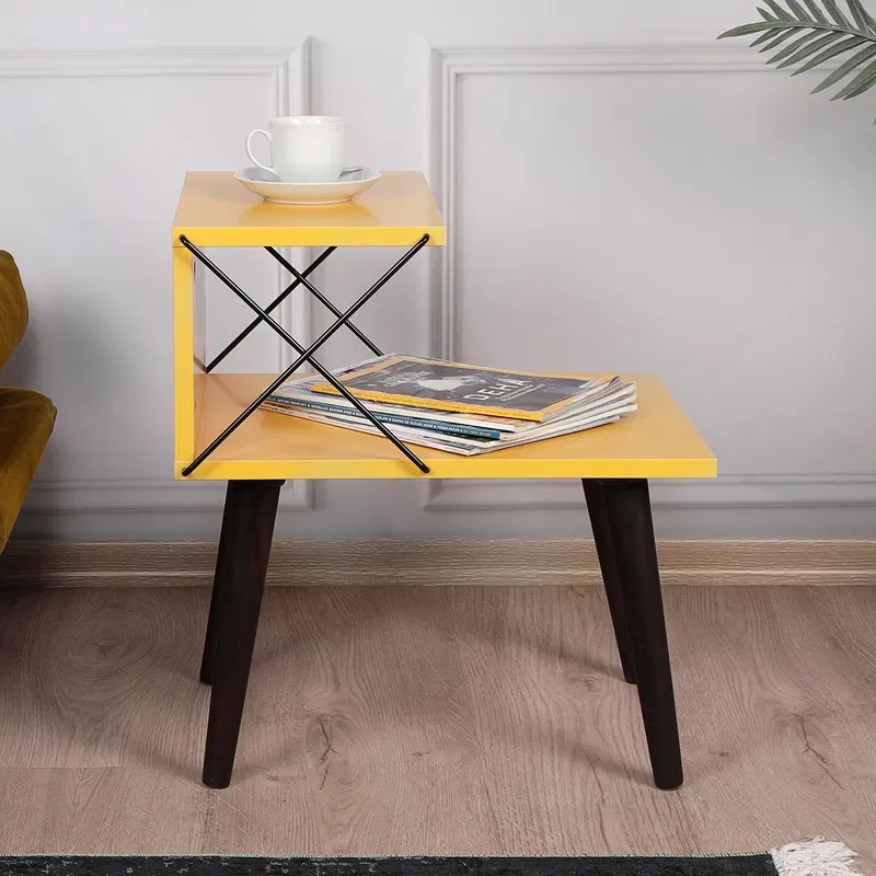 Noptiera Cross galbena cu rafturi deschise si picioare din lemn [0]