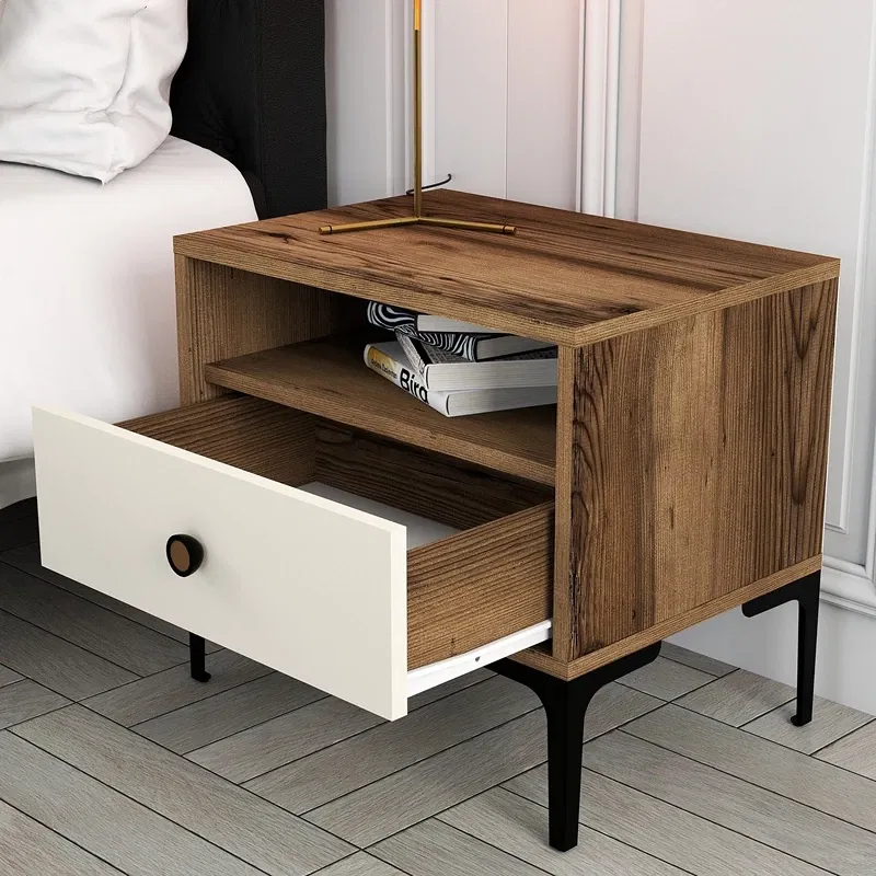 Noptiera Lizbon, stil contemporan, nuc si crem, sertar si raft deschis, 56 cm [3]