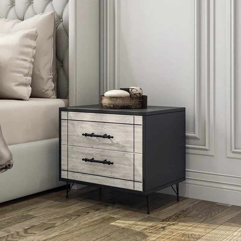 Noptiera Night gri deschis, negru, cu sertare si picioare metalice [0]