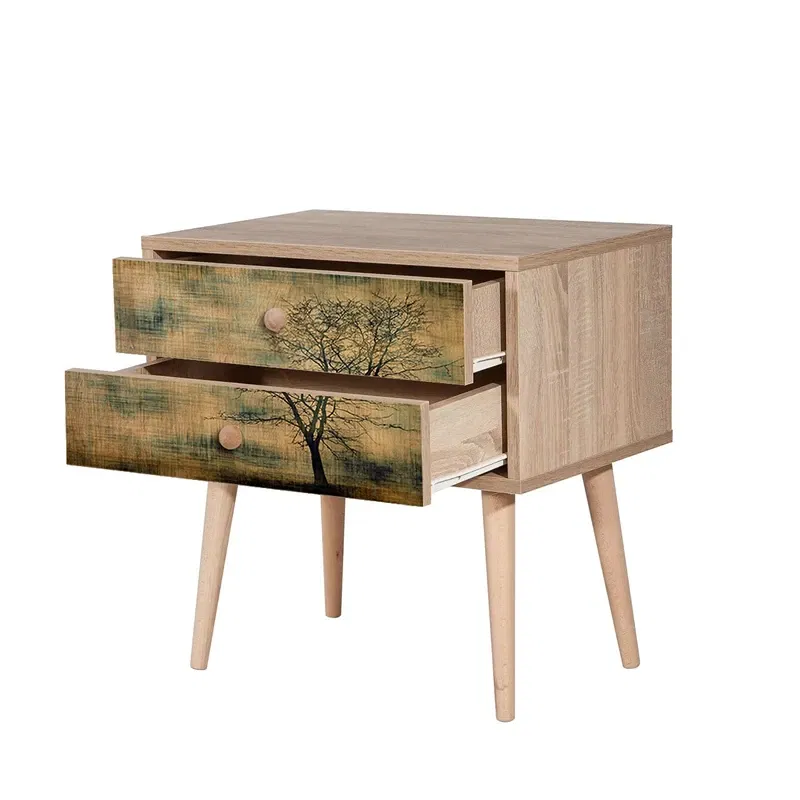 Noptiera Two, stejar sonoma, cu 2 sertare si picioare din lemn, 60 cm [3]