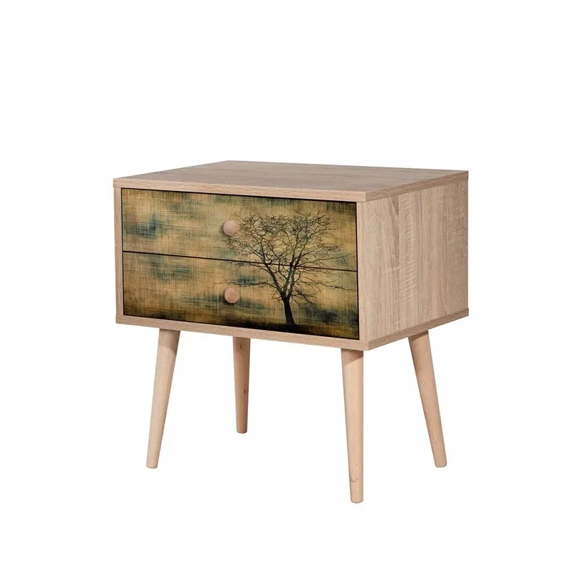 Noptiera Two, stejar sonoma, cu 2 sertare si picioare din lemn, 60 cm [1]