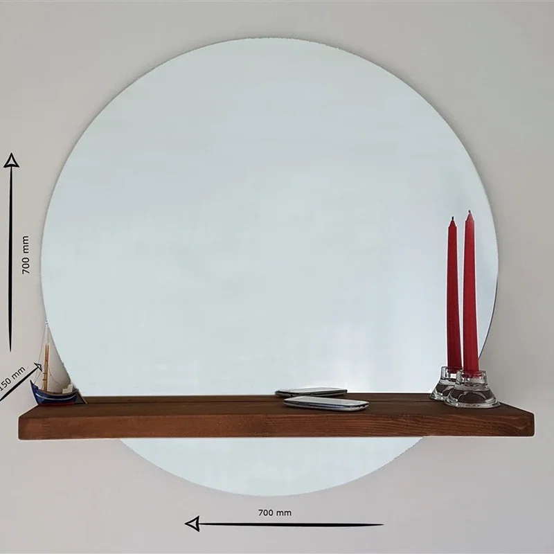 Oglinda rotunda cu raft din lemn de pin, stil minimalist [3]