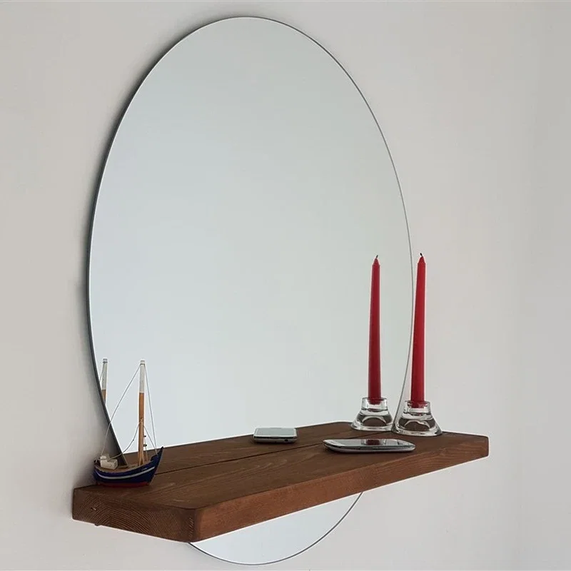 Oglinda rotunda cu raft din lemn de pin, stil minimalist [1]