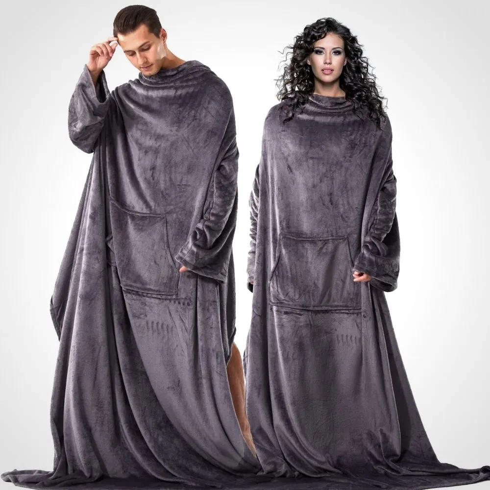 Cadouri Barbati - Patura cu maneci, buzunar si prindere la spate, Super Catifelata, 340g/mp, Gri