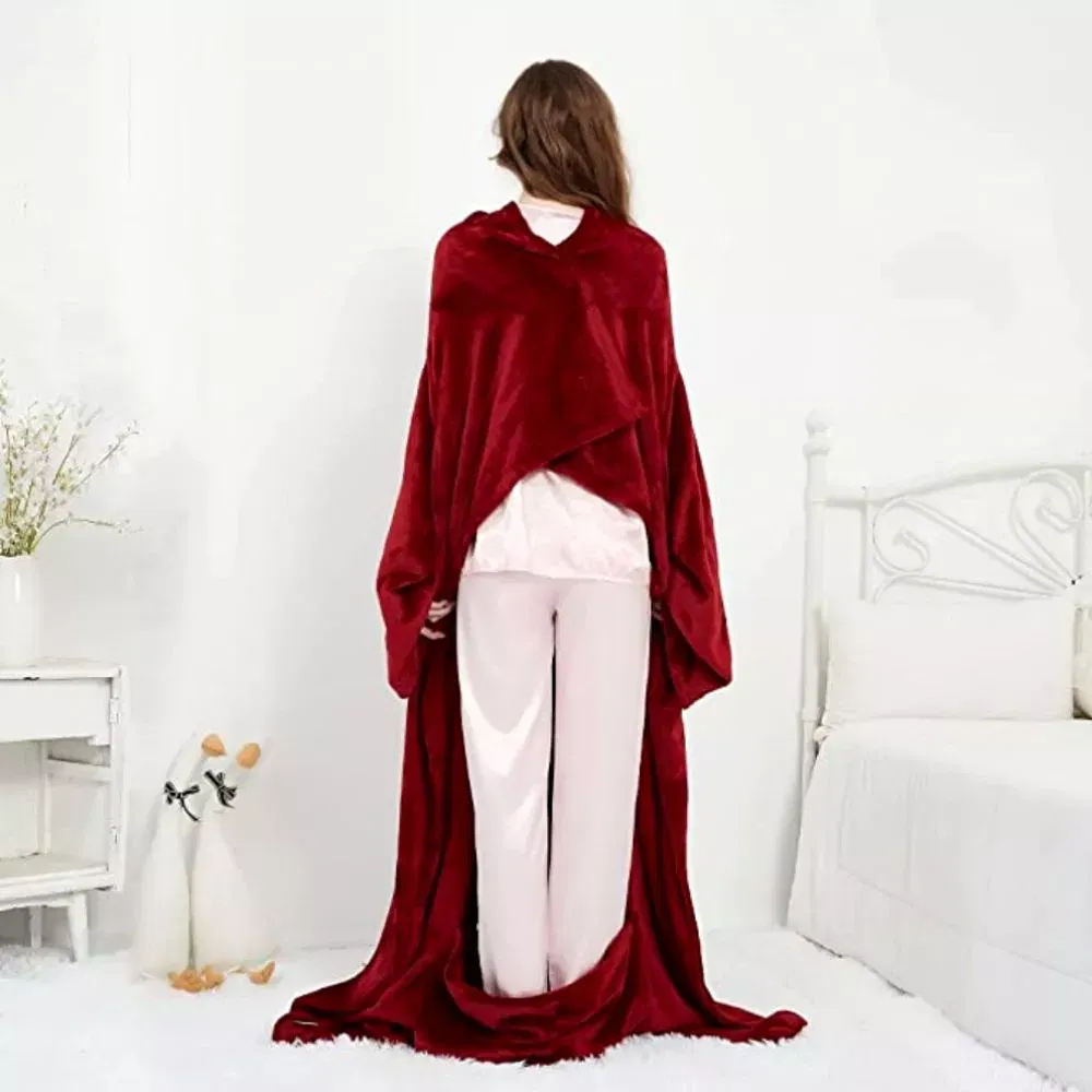 Patura cu maneci, buzunar si prindere la spate, Super Catifelata, 340g/mp, Rosie [5]