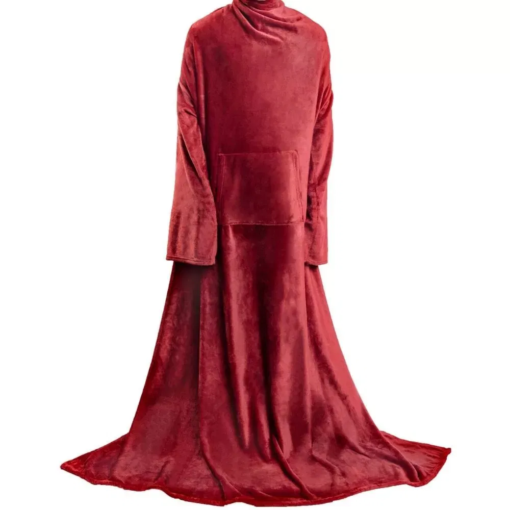 Patura cu maneci, buzunar si prindere la spate, Super Catifelata, 340g/mp, Rosie [12]