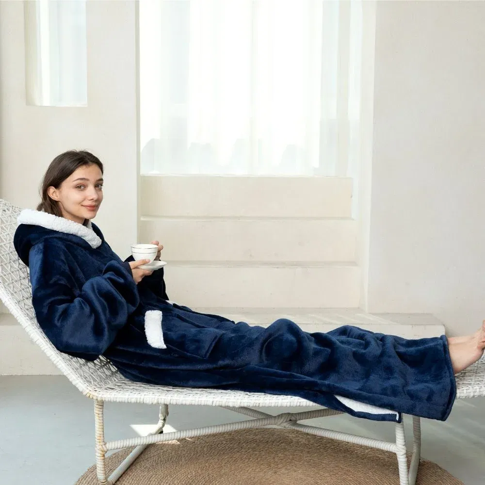 Patura cu maneci, gluga si buzunar DELUXE, Captusita, Ultra Calduroasa, 440g/mp, Albastra [8]