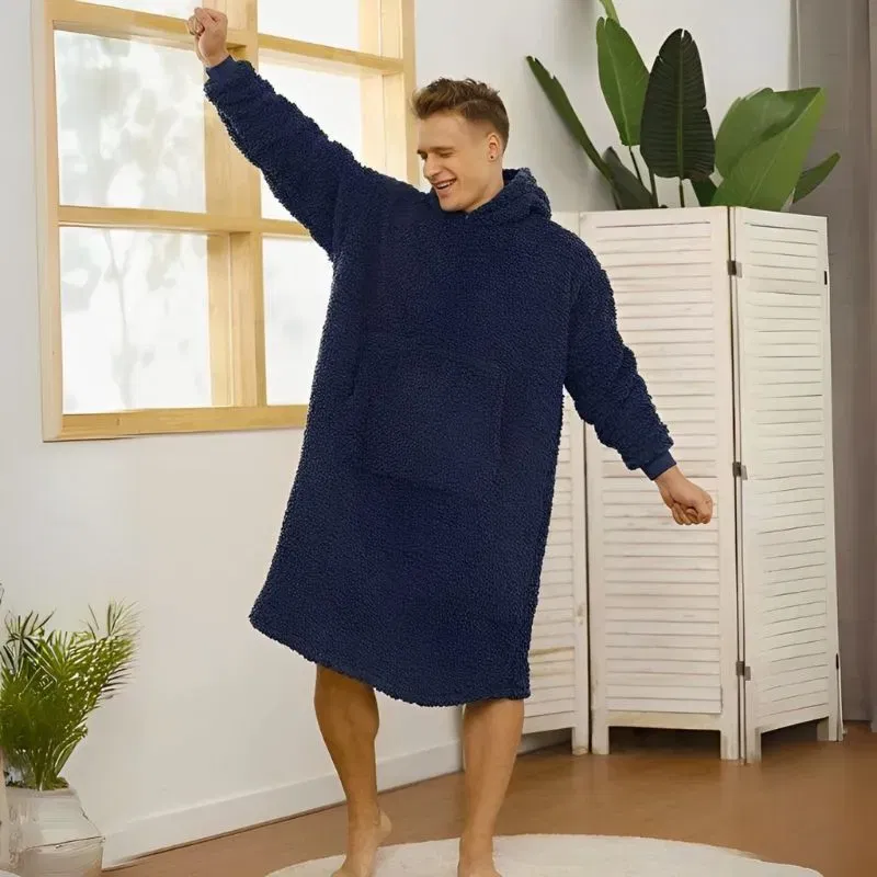 Cadouri pentru Iubit - Patura cu maneci Hanorac cu gluga si buzunar cangur Flanel 250g/mp 135 cm Albastru