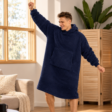 Cadouri Pentru Secret Santa - Patura cu maneci Hanorac cu gluga si buzunar cangur Flanel 250g/mp 135 cm Albastru