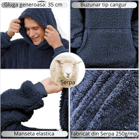 Patura cu maneci Hanorac cu gluga si buzunar cangur Flanel 250g/mp 135 cm Albastru [4]