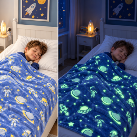 Reduceri - Patura Fosforescenta cu Astronauti Flanel 130 x 150 cm
