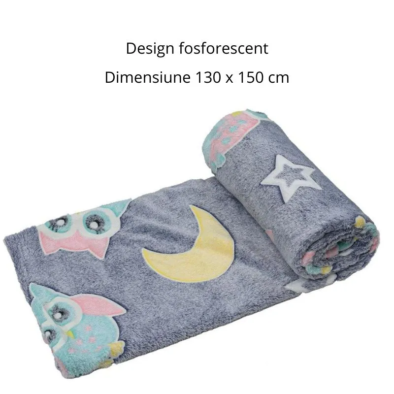 Patura Fosforescenta cu Bufnite Flanel 130 x 150 cm [11]