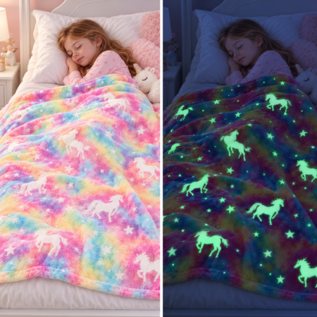 Reduceri - Patura Fosforescenta cu Unicorni Flanel 130 x 150 cm