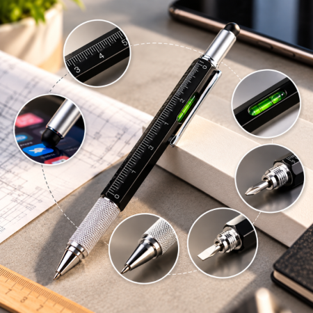 Cadouri de Craciun pentru Familie - Pix multifunctional 6 in 1, surubelnita plata, rigla, capat touchscreen, nivela cu bula