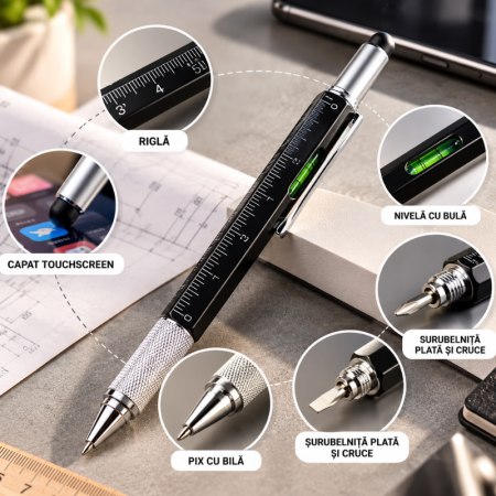 Pix multifunctional 6 in 1, surubelnita plata, rigla, capat touchscreen, nivela cu bula [1]