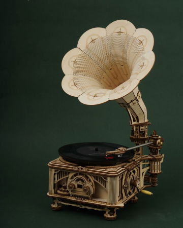 Puzzle 3D Gramafon Clasic Bifunctional, manual si automat, Lemn, Robotime [4]