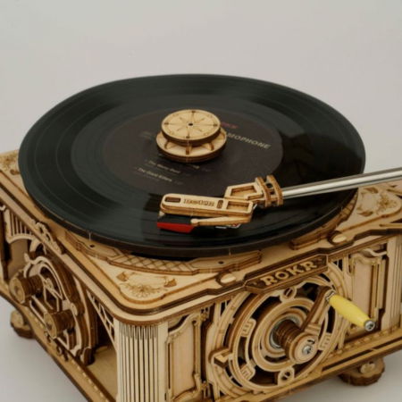 Puzzle 3D Gramafon Clasic Bifunctional, manual si automat, Lemn, Robotime [5]