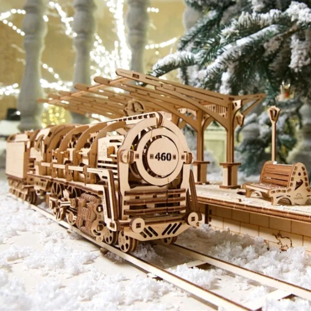 Puzzle 3D Locomotiva cu Aburi si Vagon din Lemn Ugears [1]