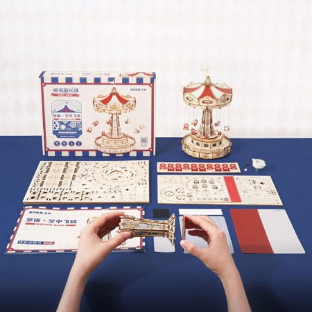 Puzzle 3D, Roata din parcul de distractii, Carusel din lemn, Robotime [5]