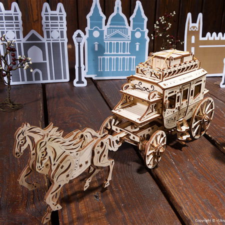 Puzzle 3D Lemn - Puzzle 3D Trasura cu cai din lemn Ugears