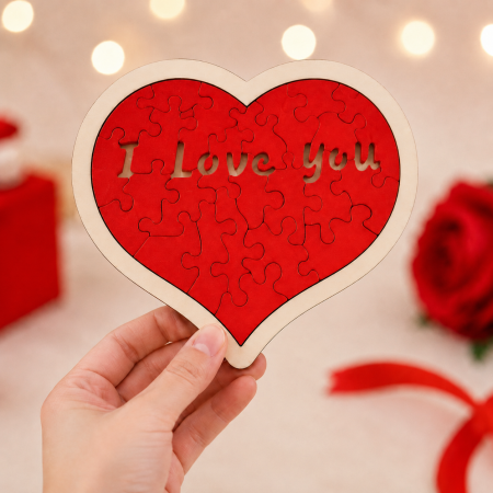 Cadouri pentru Iubita - Puzzle Cadou Romantic din Lemn forma  Inimioara I Love You