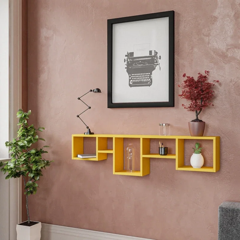 Raft de perete galben, design modern, compartimente multiple, 120 cm [0]