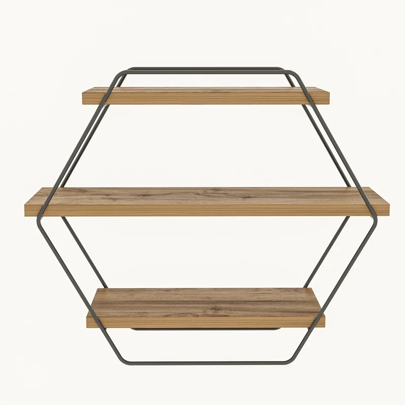 Raft de perete hexagonal, lemn si metal, design modern, 60 cm [3]