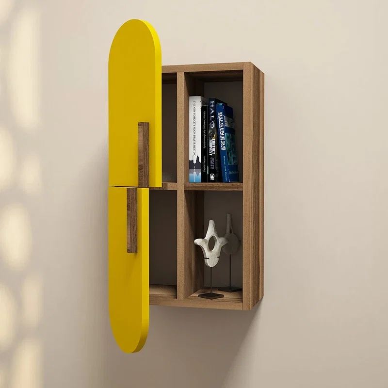 Raft de perete Rose, design modern, nuc si galben, cu usa si rafturi, 60 cm [1]