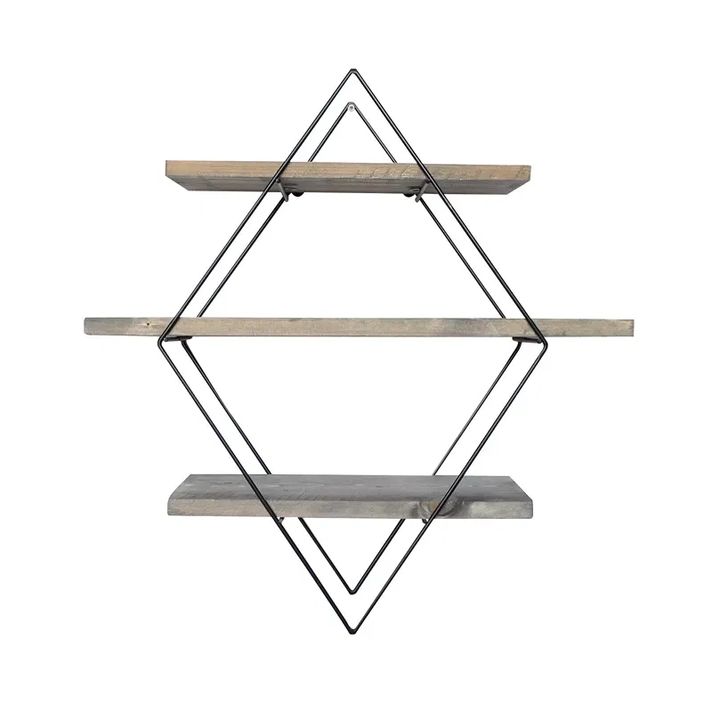 Raft decorativ de perete, nuc-negru, 60 cm, cadru metalic geometric [7]