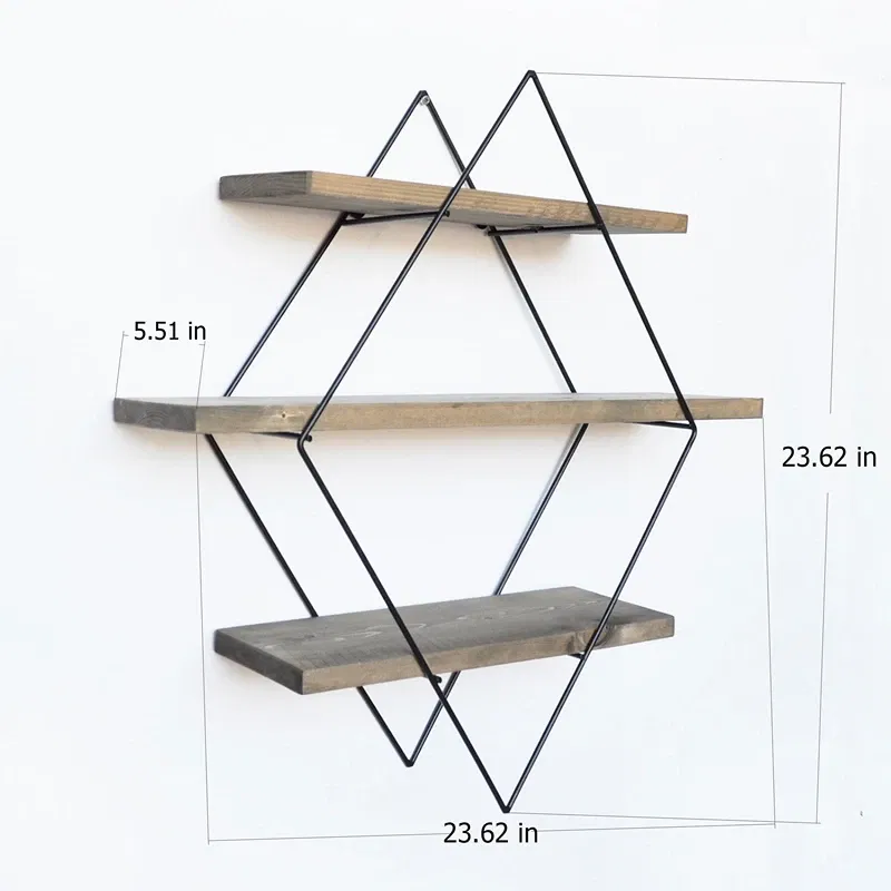 Raft decorativ de perete, nuc-negru, 60 cm, cadru metalic geometric [1]