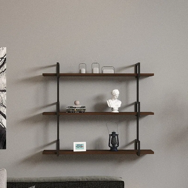 Raft perete lemn nuc, polite suspendate si suport metalic modern [1]