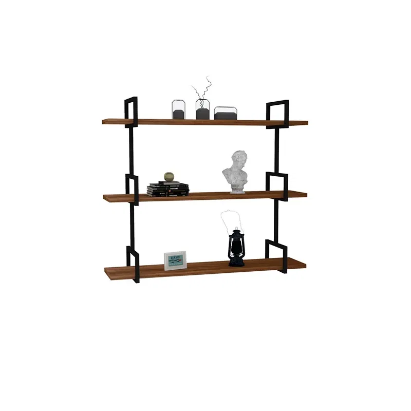 Raft perete lemn nuc, polite suspendate si suport metalic modern [3]