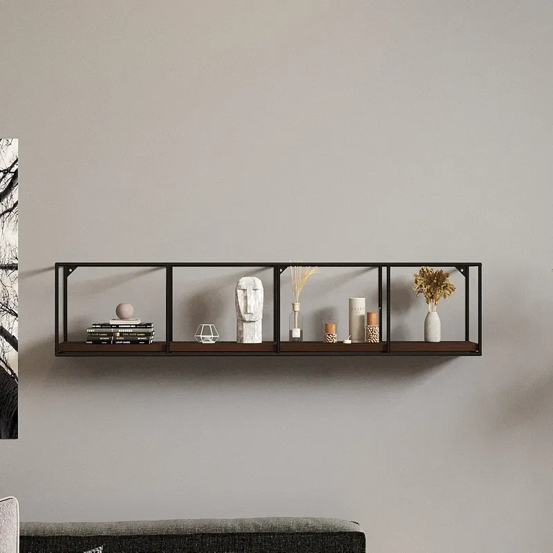 Raft perete Miray, lemn de pin, cadru metalic, culoare nuc-negru [0]