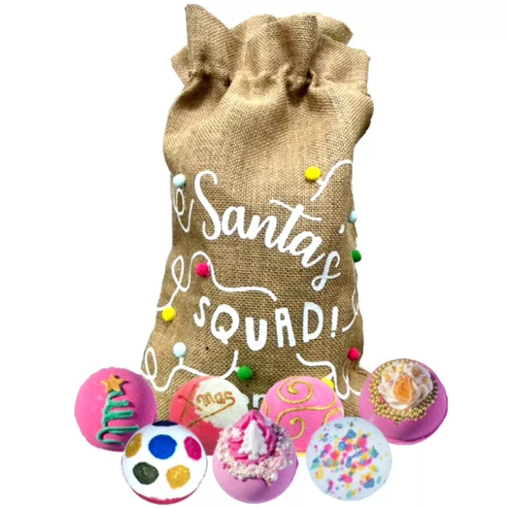 Cadouri pentru Iubita - Sac Set cadou 7 bombe de baie de Craciun, Santa Squad