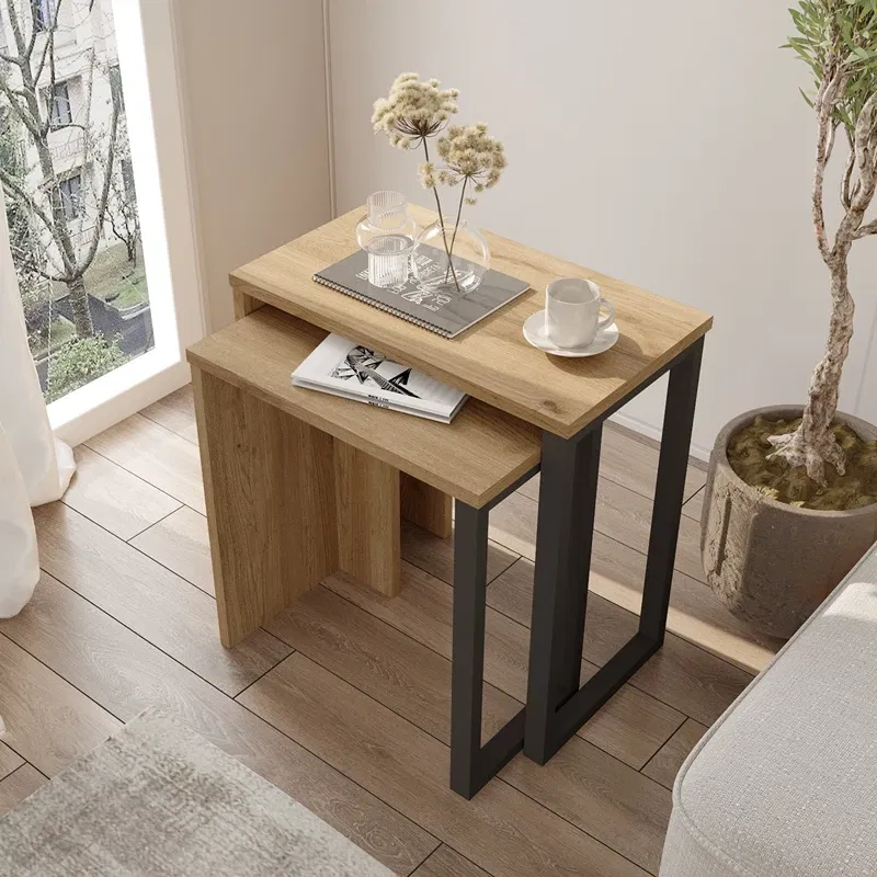 Set 2 mese suprapuse nuc stejar cu picioare metalice 51x52,8 cm [6]