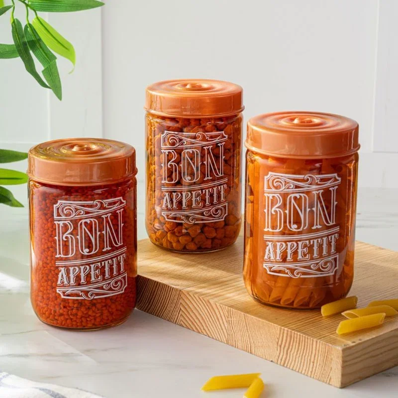 Cele mai noi - Set 3 Borcane de Sticla cu Capac din Lemn pentru Depozitare Multicolor