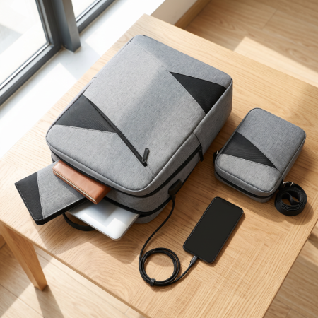 Set 3 in 1 Rucsac calatorie si laptop cu USB, Geanta si Portofel [Brand], Rucsac 41x30x13 cm, Poliester durabil, Ideal pentru scoala, birou si City Break, Gri [2]