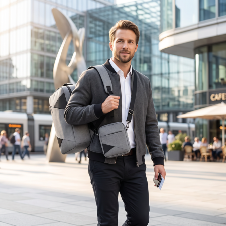 Set 3 in 1 Rucsac calatorie si laptop cu USB, Geanta si Portofel [Brand], Rucsac 41x30x13 cm, Poliester durabil, Ideal pentru scoala, birou si City Break, Gri [1]