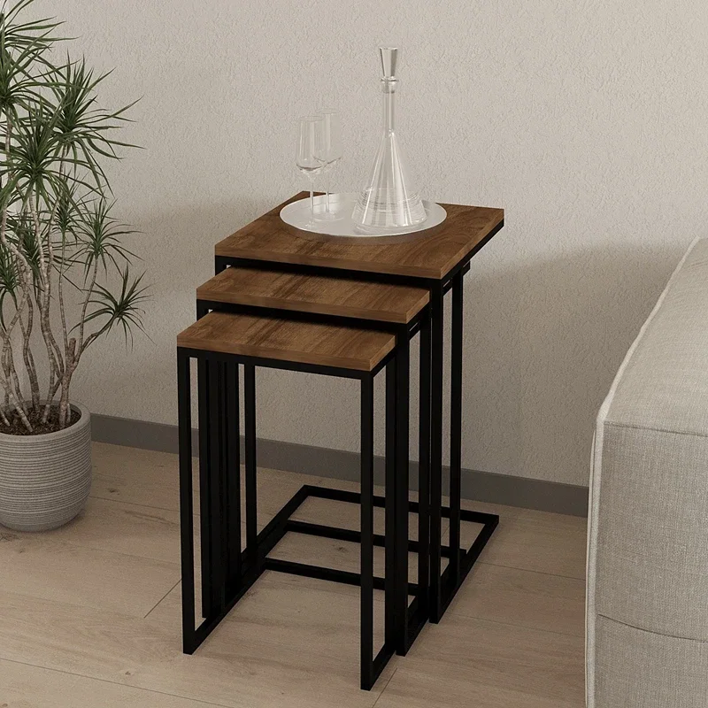 Set 3 masute suprapuse Pino, nuc si negru, design industrial, 60 cm [2]