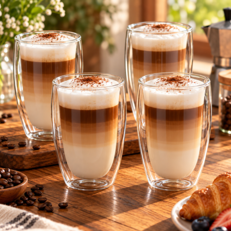 Cadouri Craciun Pentru Femei - Set 4 Pahare Cafea cu Pereti Dubli 450 ml