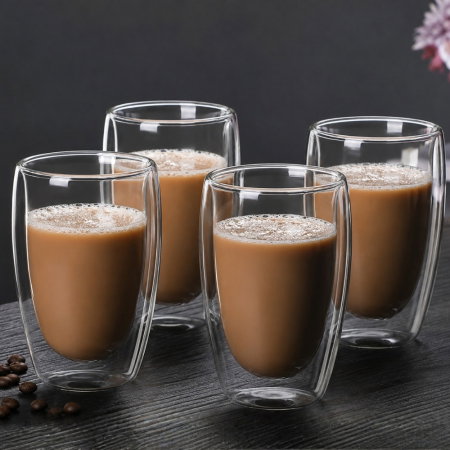 Cadouri pentru Iubita - Set 4 Pahare Cafea cu Pereti Dubli 450 ml