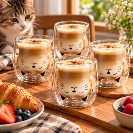 Cadouri pentru Prieteni - Set 4 Pahare cu Pereti Dubli Black Cat