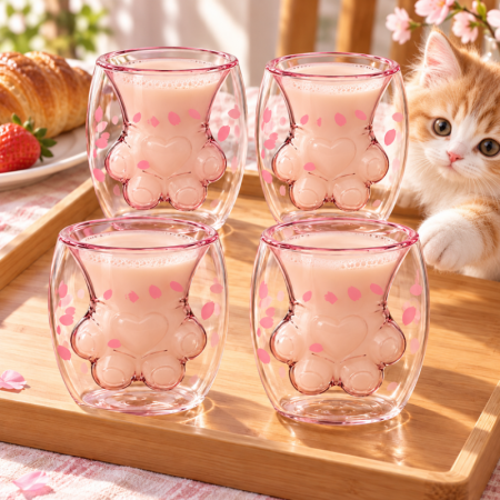 Cadouri pentru Iubita - Set 4 Pahare cu Pereti Dubli Kitty Paw