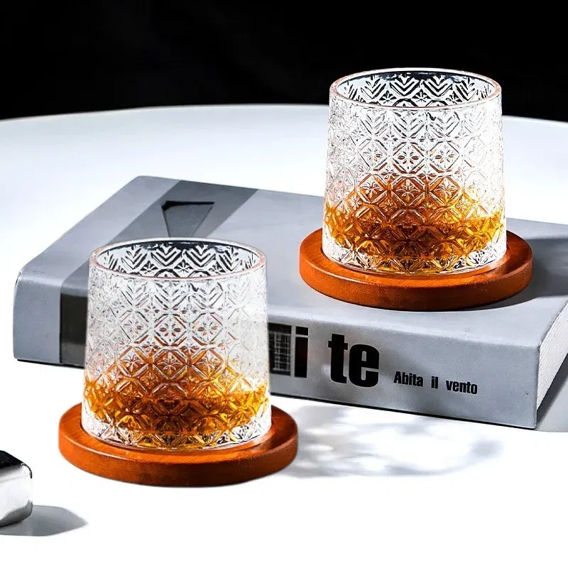 Set 6 pahare whiskey Ice Flower cu baza din lemn [2]