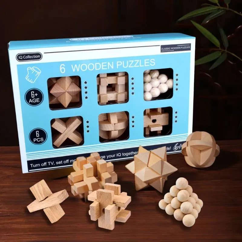Cadouri pentru Iubit - Set 6 Puzzle-uri din Lemn Kongming Lock