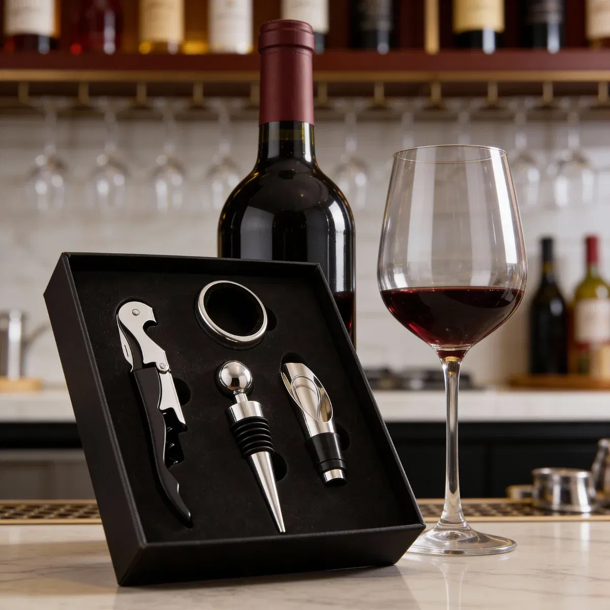 Petrecere - Set accesorii vin, 4 piese, cutie cadou