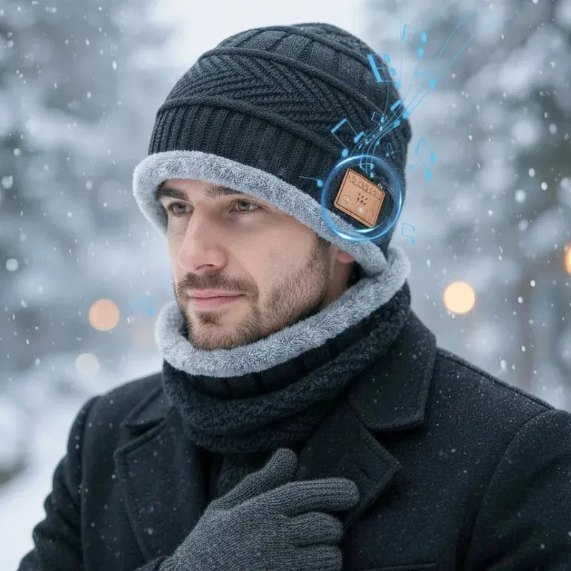 Cadouri pentru Iubita - Set Caciula smart cu casti Bluetooth guler si manusi