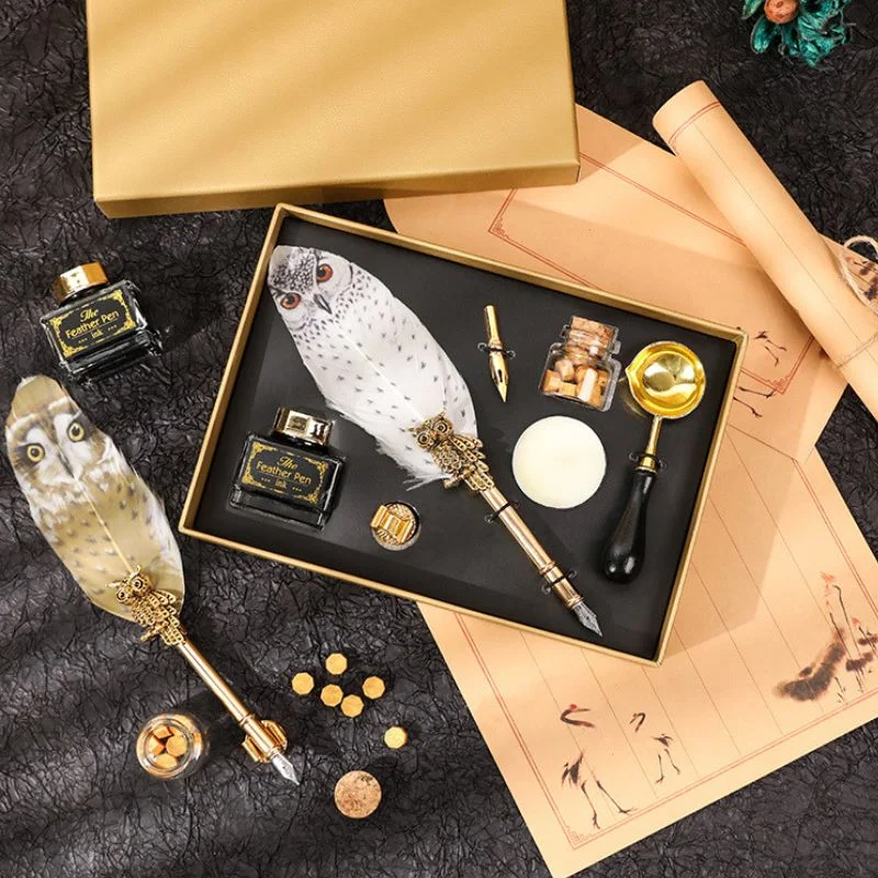 Set cadou Caligrafie cu Pana alba cu Bufnita, Cerneala si Set Sigiliu, 7 piese [2]